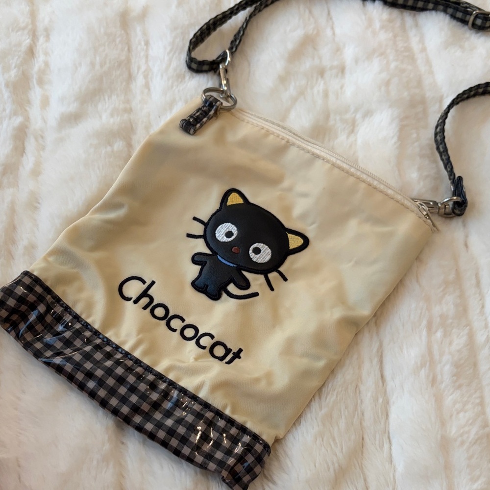 SAN RIO Vintage 1999 Co. Linited Chococat cream and gingham purse with 56” strap